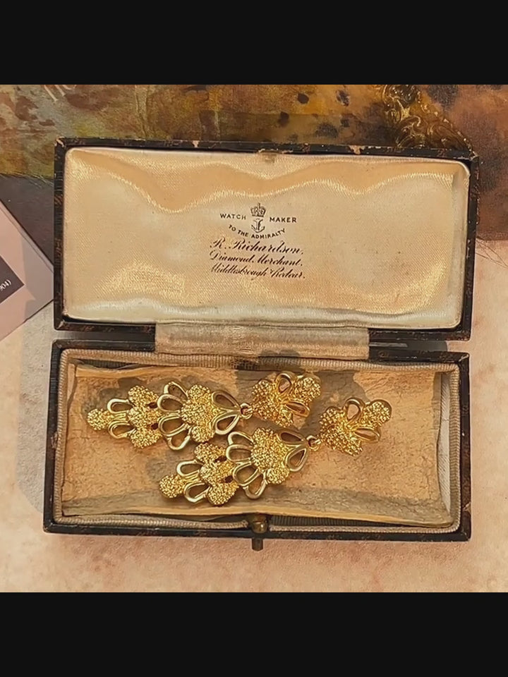 Golden Reverie – Handmade Vintage Filigree Long Drop Earrings – Pinecone