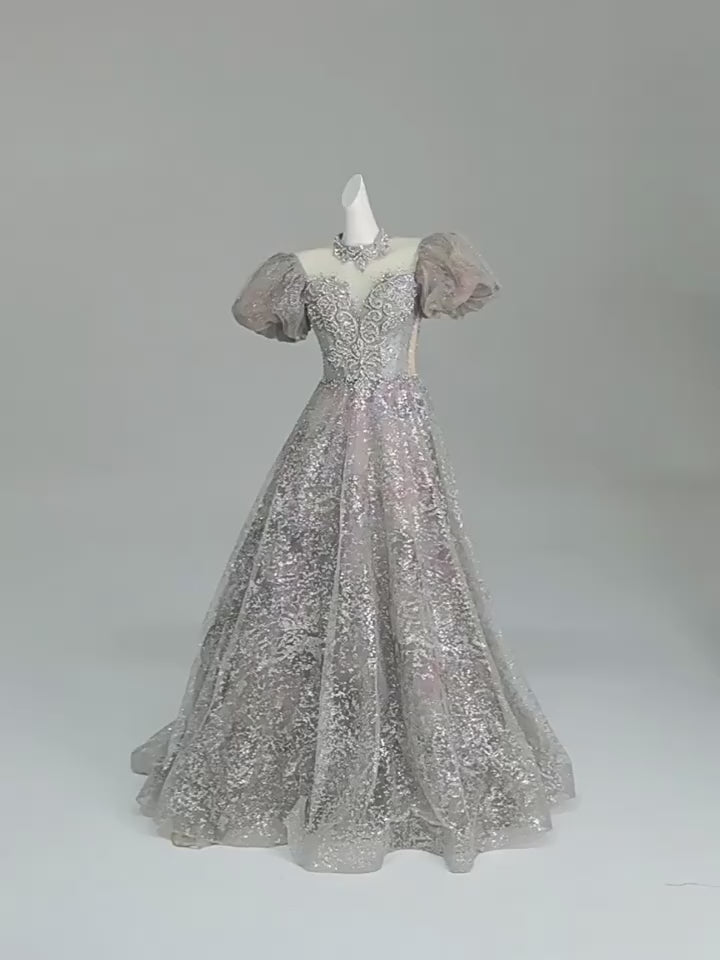 Gray Sequin Evening Dress with Puff Sleeves – Designer Sequin Gowns with Lace-Up Back Plus Size