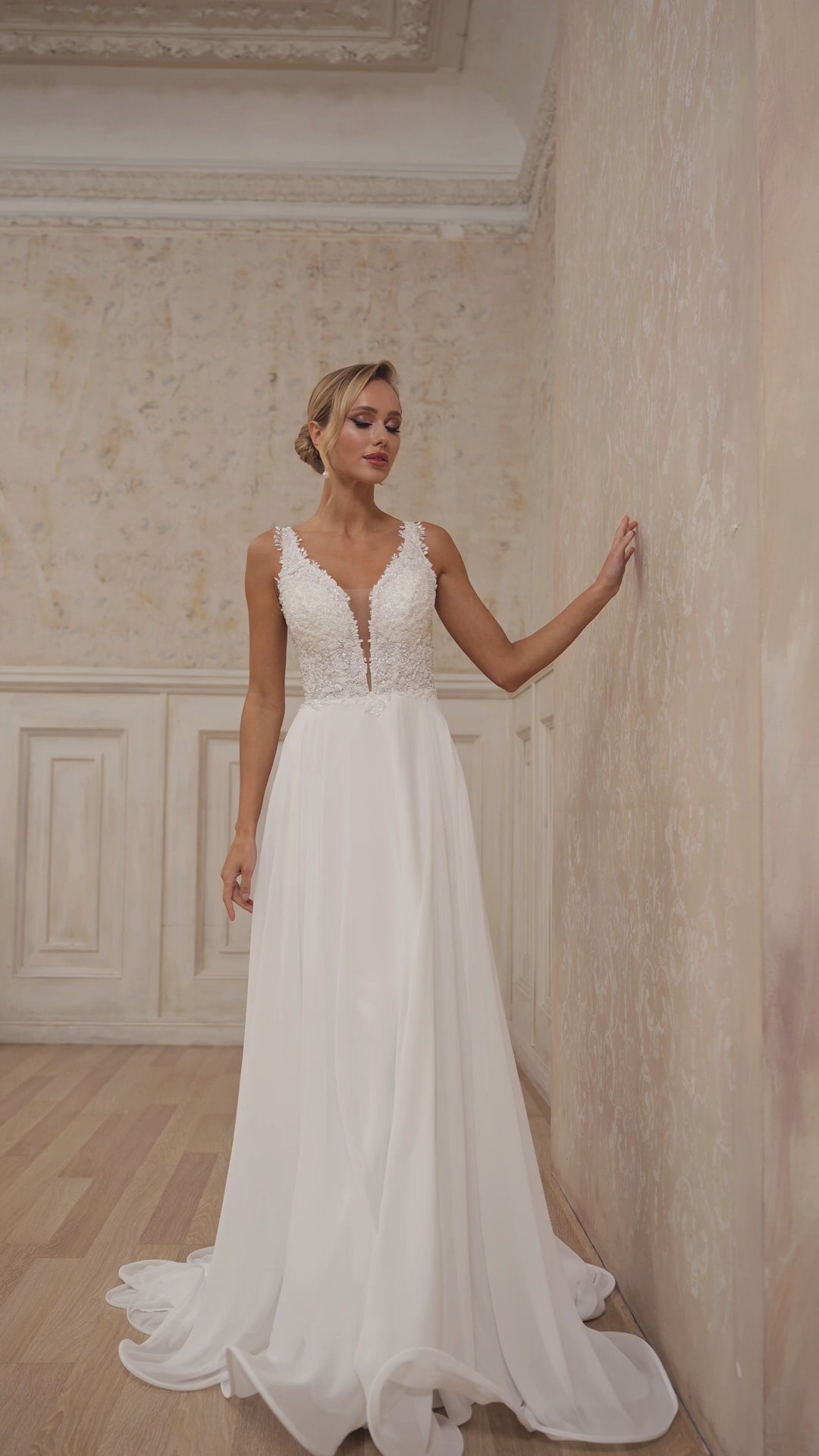 Sophisticated Floral Lace V-Neck Wedding Dress | Timeless A-Line Bridal Gown with Train Plus Size