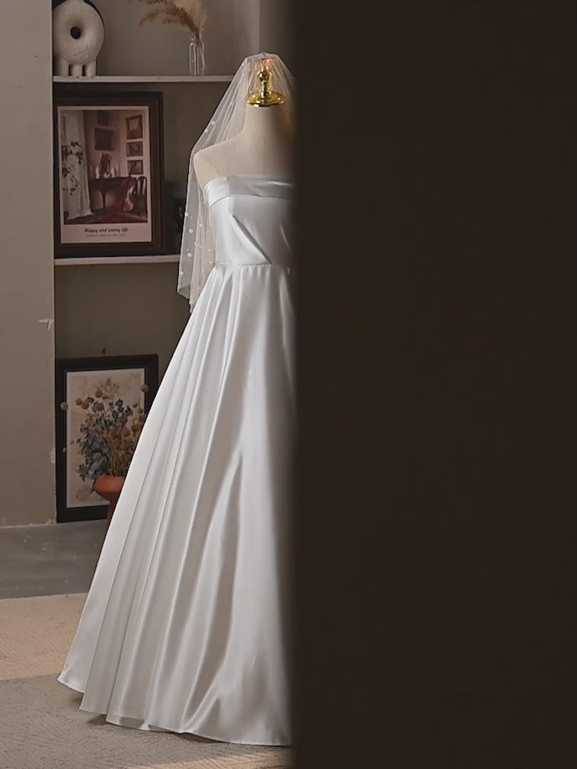 Strapless Satin Wedding Dress with Fold Over Neckline – Simple Satin Wedding Dress with Corset Plus Size