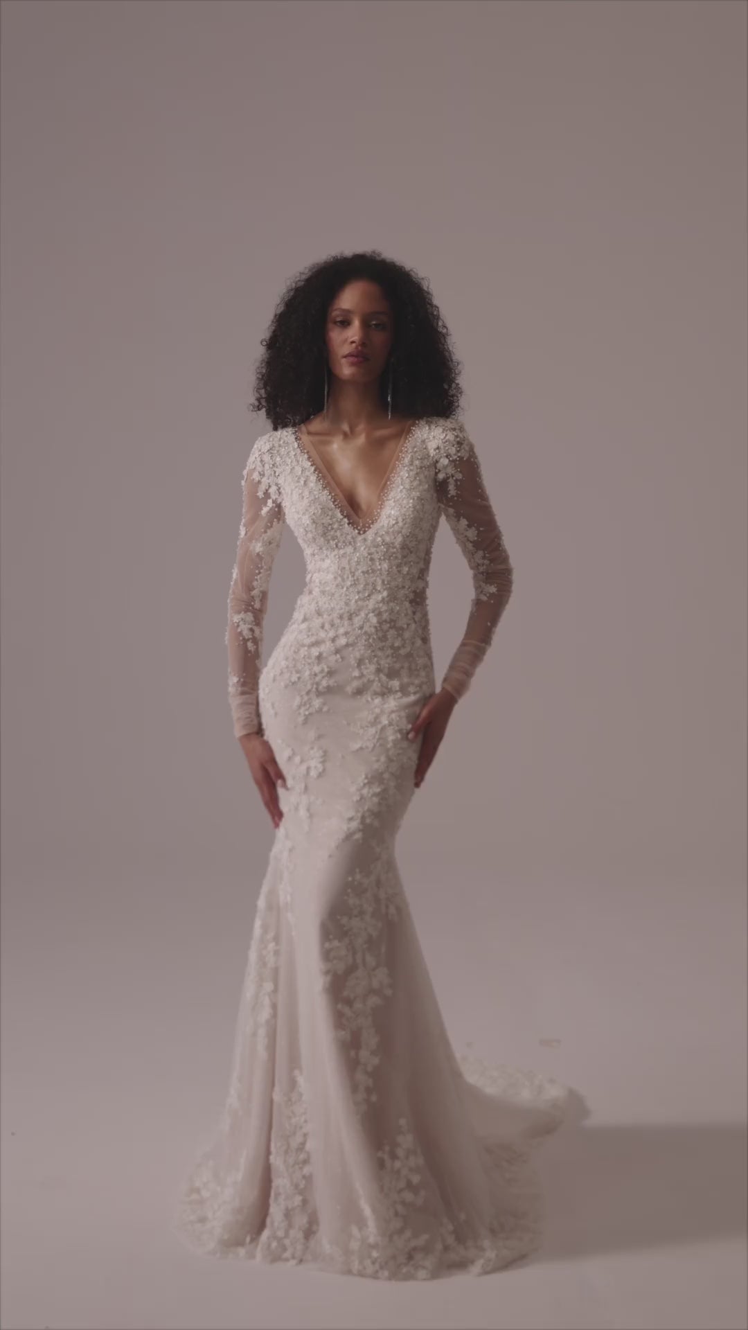 Ivory V-Neck Lace Wedding Dress with Long Sheer Sleeves and Floor-Length Train - Plus Size