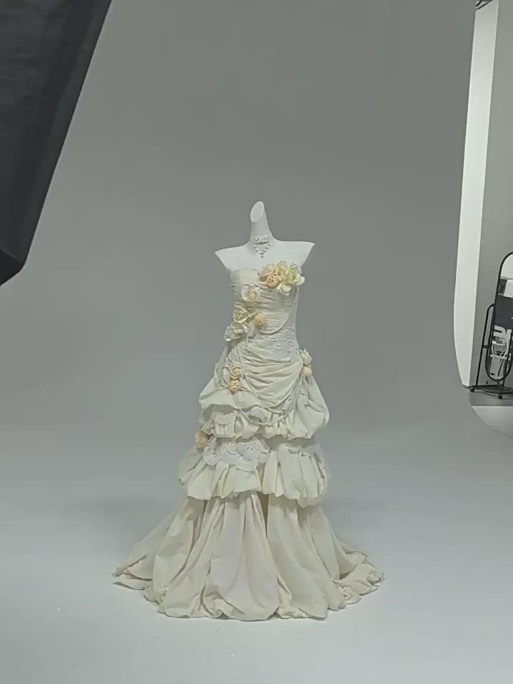 Cream Fairytale Strapless Tiered Gown with Floral Appliqué – Floral Evening Dress with Corset Back and Pearl Details Plus Size