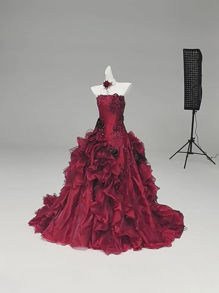 Burgundy Strapless Layered Ruffle Dress with Floral Appliqué – Floral Evening Dress with Corset Back Plus Size