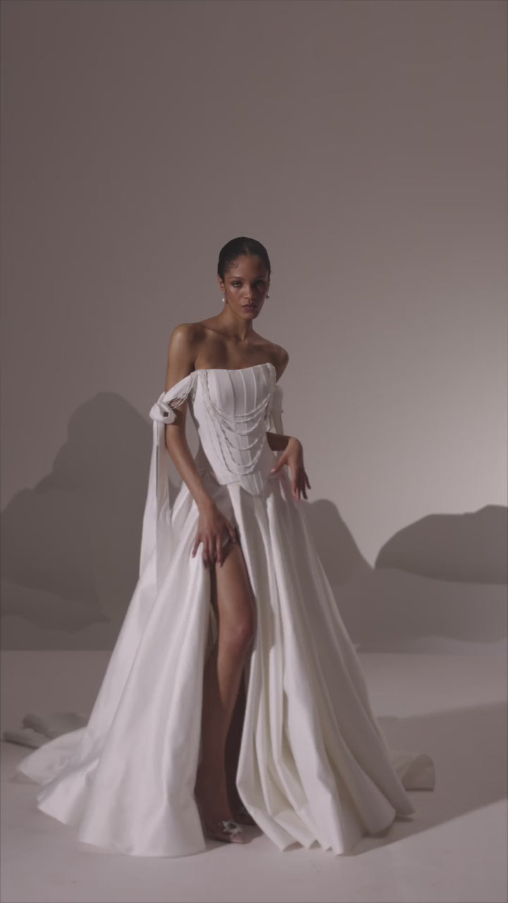 White Off-Shoulder Corset Wedding Gown with Draped Bodice and Flowing Train - Plus Size