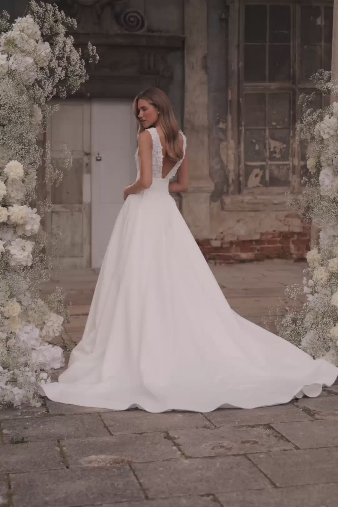 Ivory V-Neck Wedding Dress with High Slit and Draped Fabric Plus Size