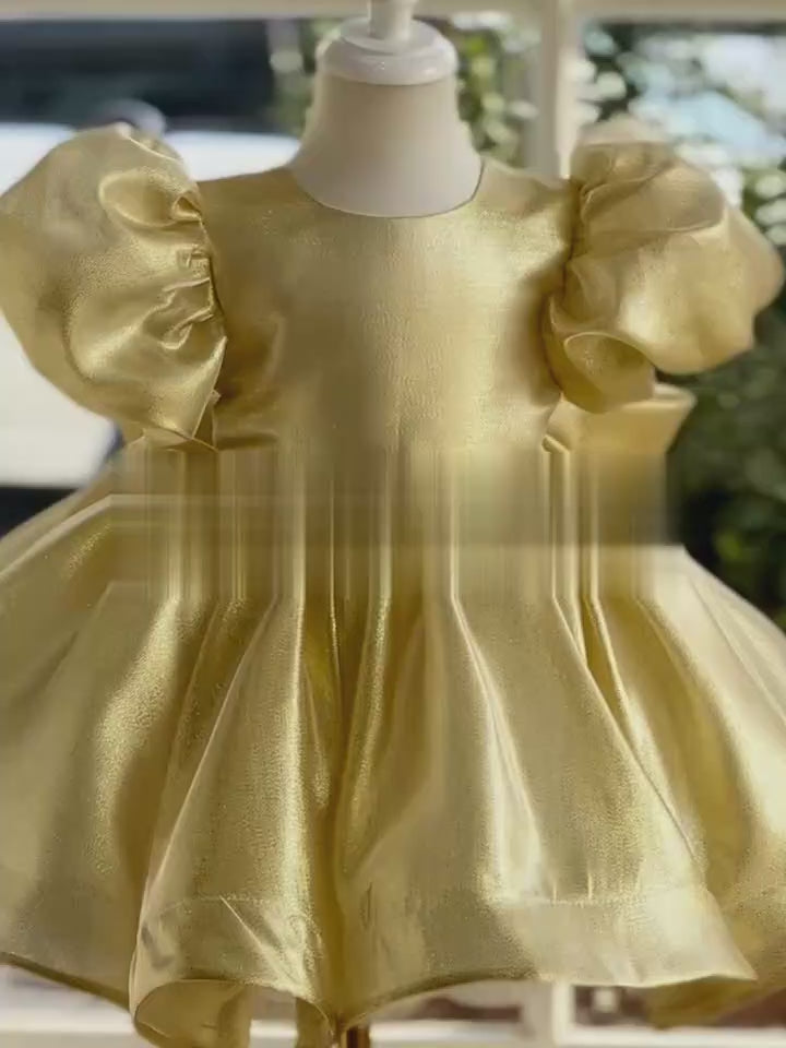 Gold Flower Girl Dress with Puffed Sleeves and Satin Bow – Plus Size