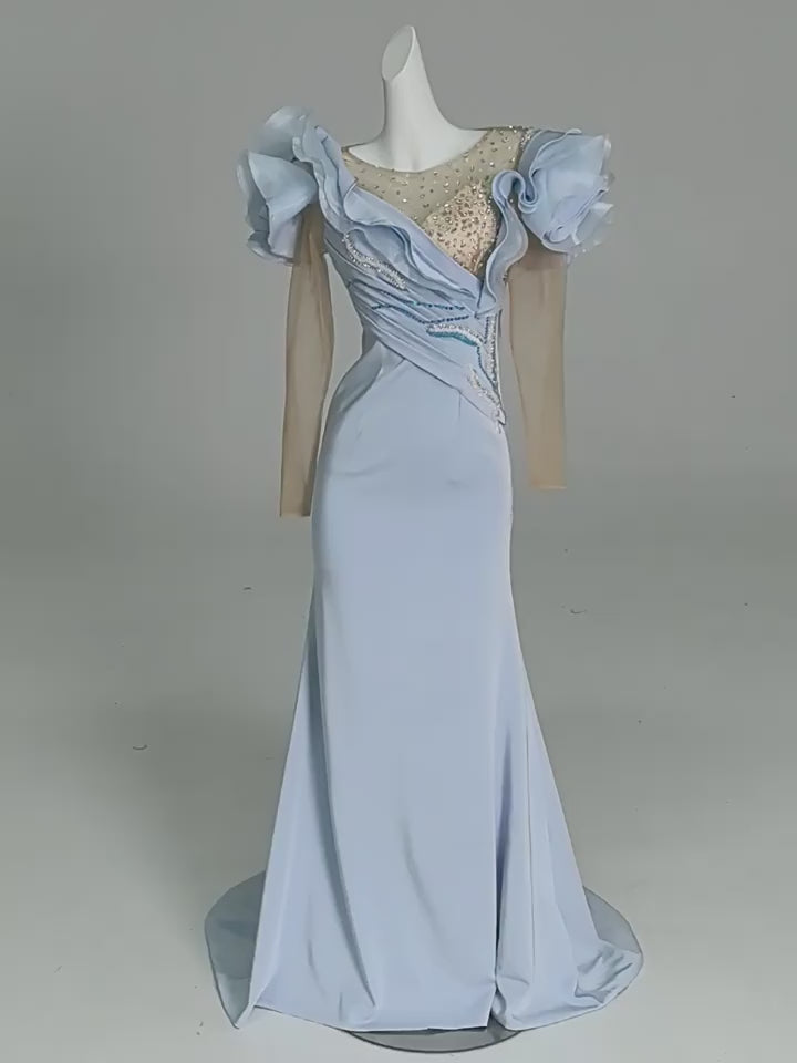 Light Blue Mermaid Evening Dress with Ruffle Sleeves – Long Sleeve Evening Dress with Beaded Bodice and Lace-Up Back Plus Size