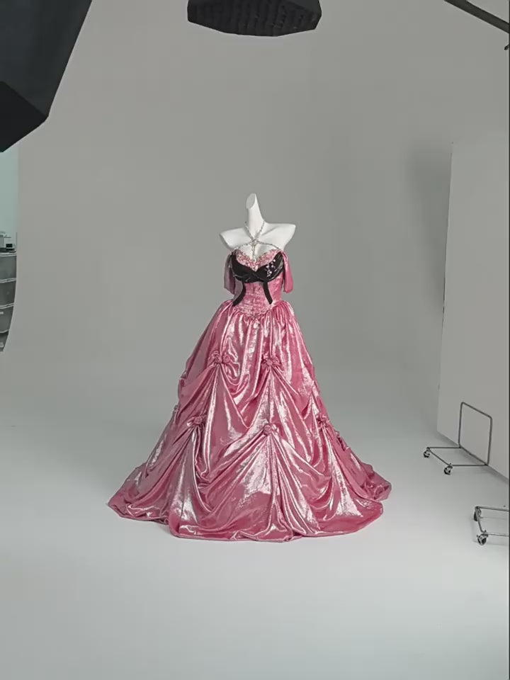 Prom Dress Pink Ball Gown with Draped Skirt – Pink Tulle Ball Gown with Black Velvet Bow and Corset Bodice Plus Size