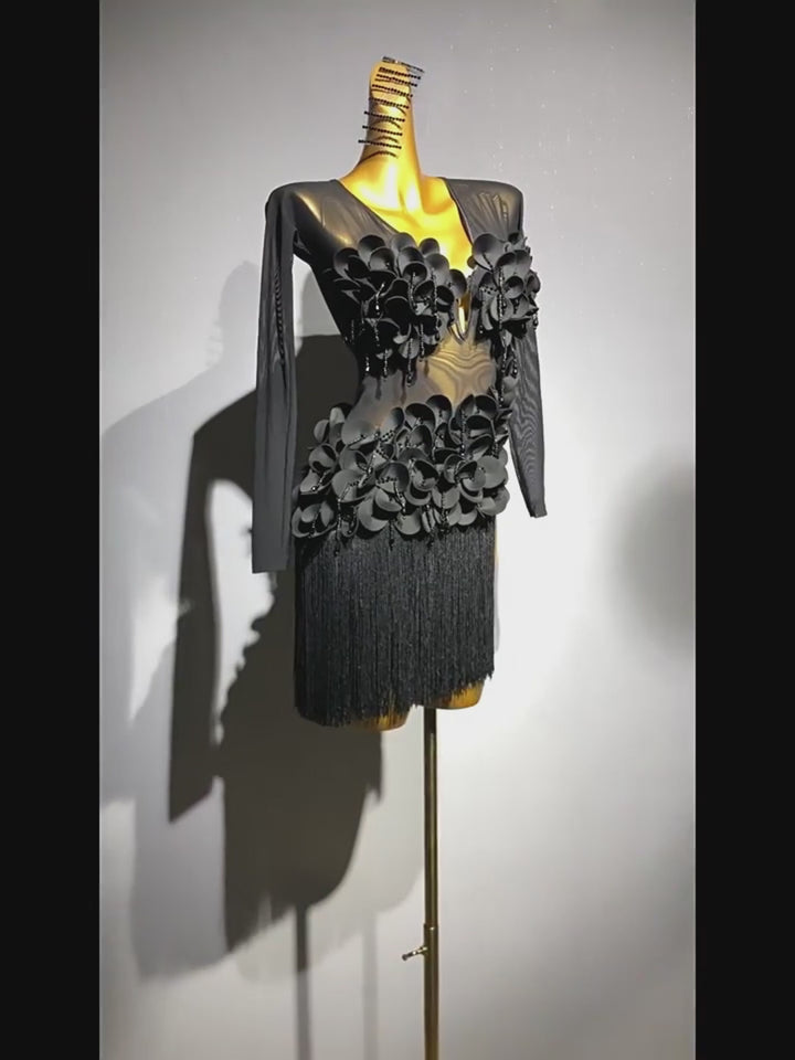 Black Salsa Dance Dress Black Fringe with 3D Appliqué Mesh Long Sleeves – Handmade Latin Dance Costumes