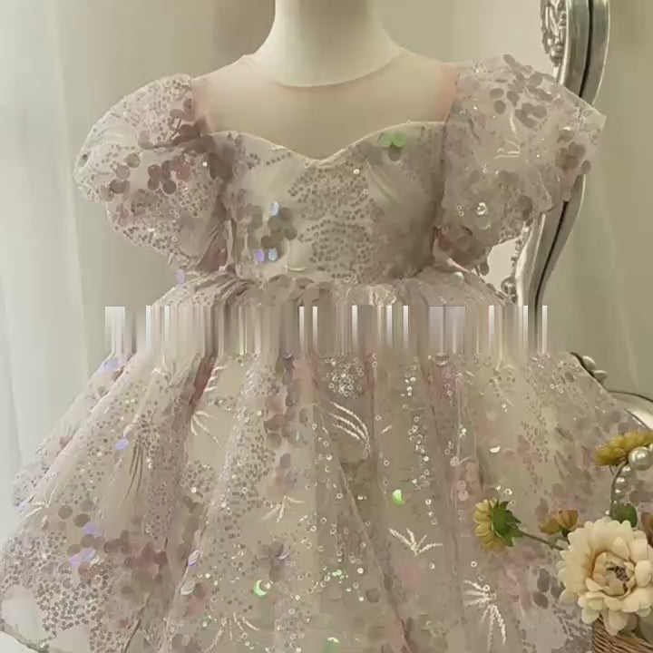 Light Pink Flower Girl Dress with Sequin Embellishments and Puffy Sleeves - Plus Size