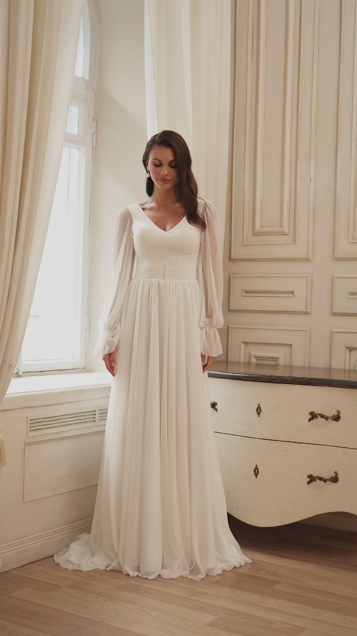 Elegant V-Neck Wedding Dress with Sheer Bishop Sleeves and Front Slit Plus Size