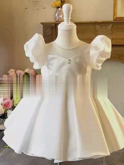 Luxurious White Flower Girl Dress with Elegant Embroidery and Satin Bow - Plus Size