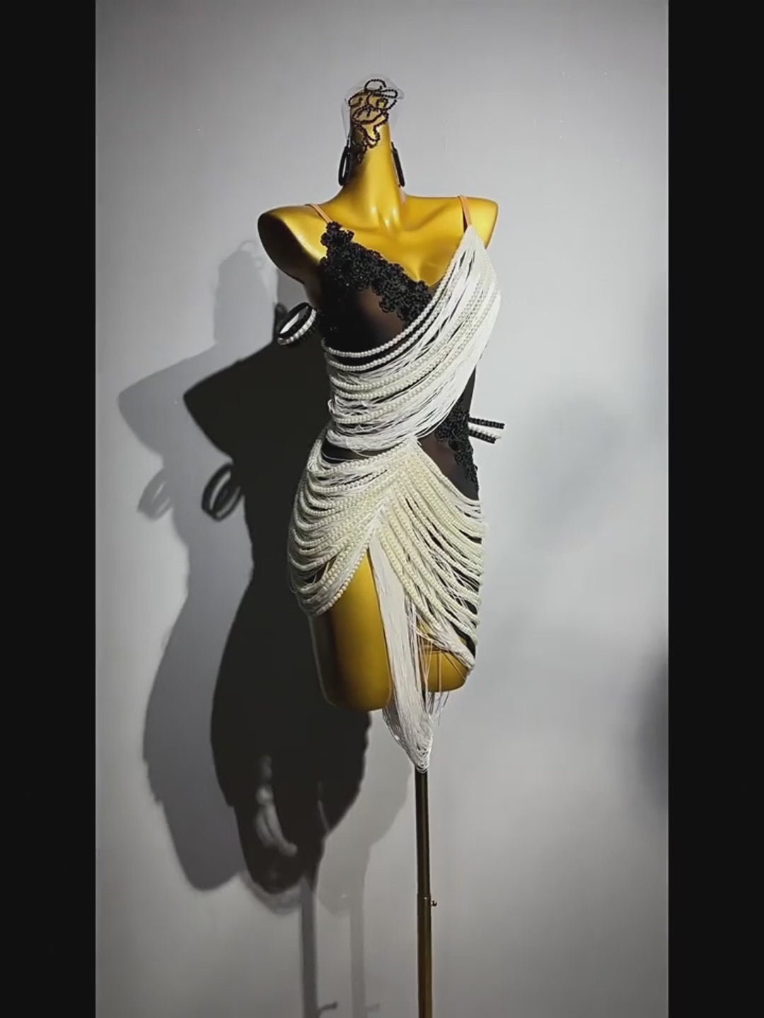Black and White Salsa Fringe Dress with Pearl Drape and Lace Appliqué – Handmade Latin Ballroom Dance Costume