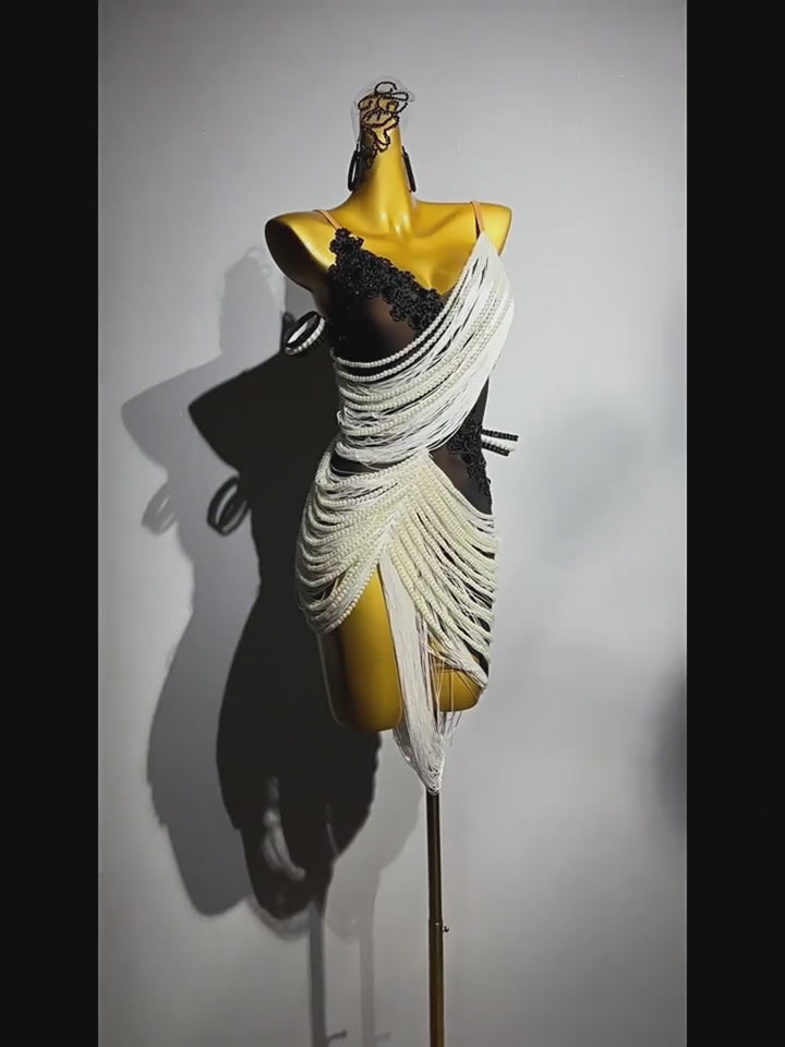 Black and White Salsa Fringe Dress with Pearl Drape and Lace Appliqué – Handmade Latin Ballroom Dance Costume