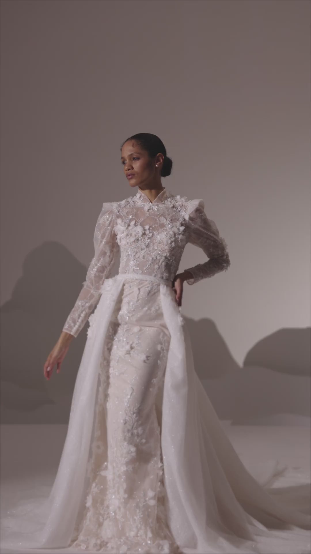 White High-Neck Lace Wedding Dress with Sheer Long Sleeves and Floor-Length Train - Plus Size