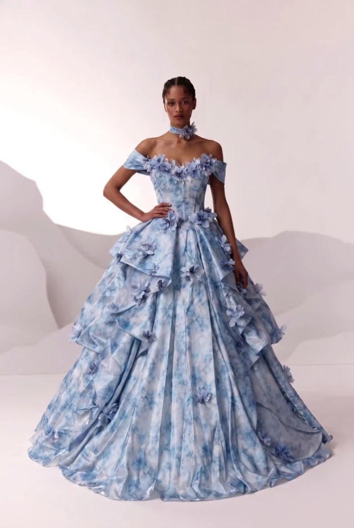 Blue Floral Ball Gown Evening Dress with Off-the-Shoulder Corset Plus Size