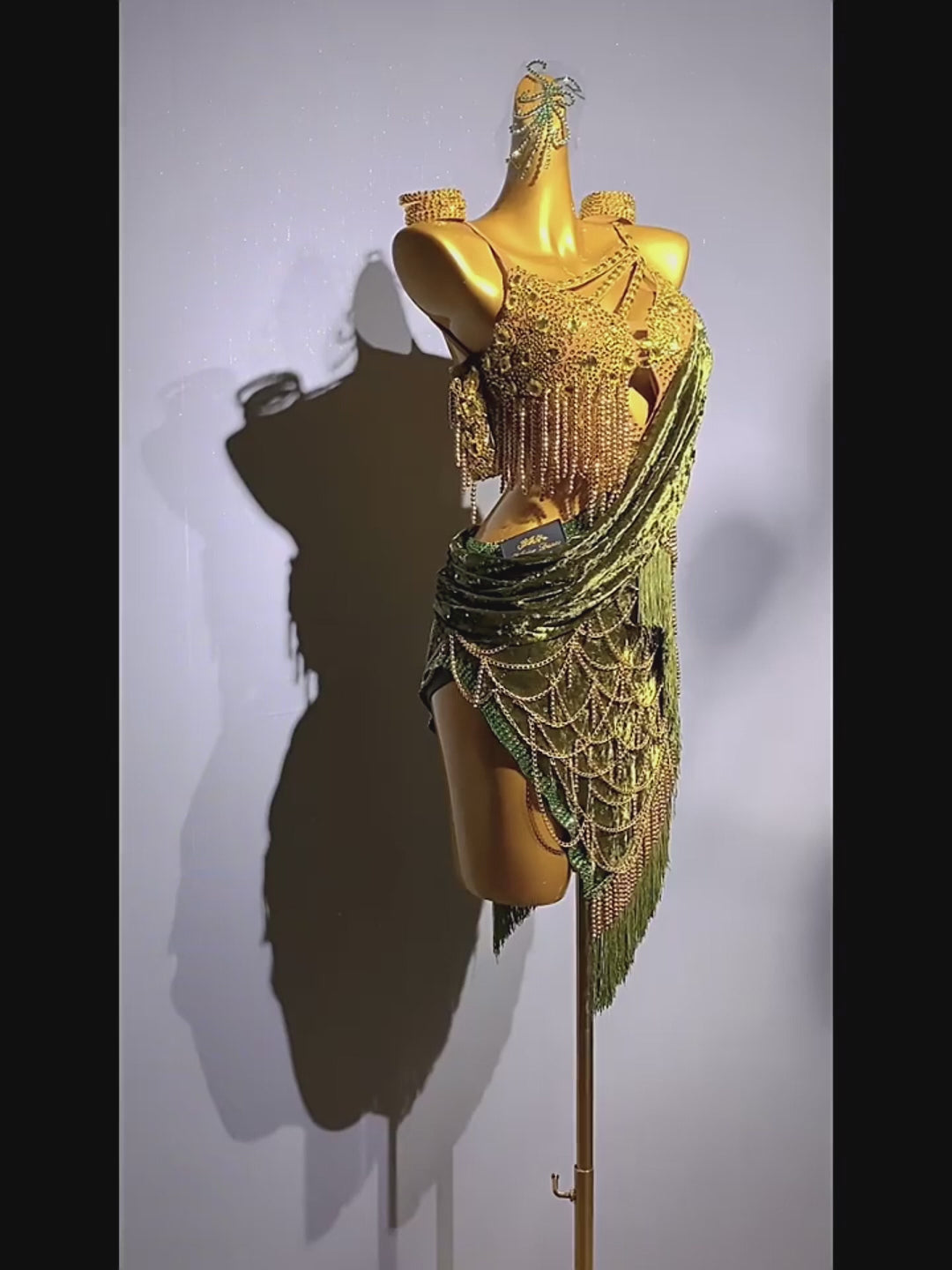 Green Handmade Salsa Dance Costumewith Velvet Drape and Gold Bead Chains – Latin Fringe Dress