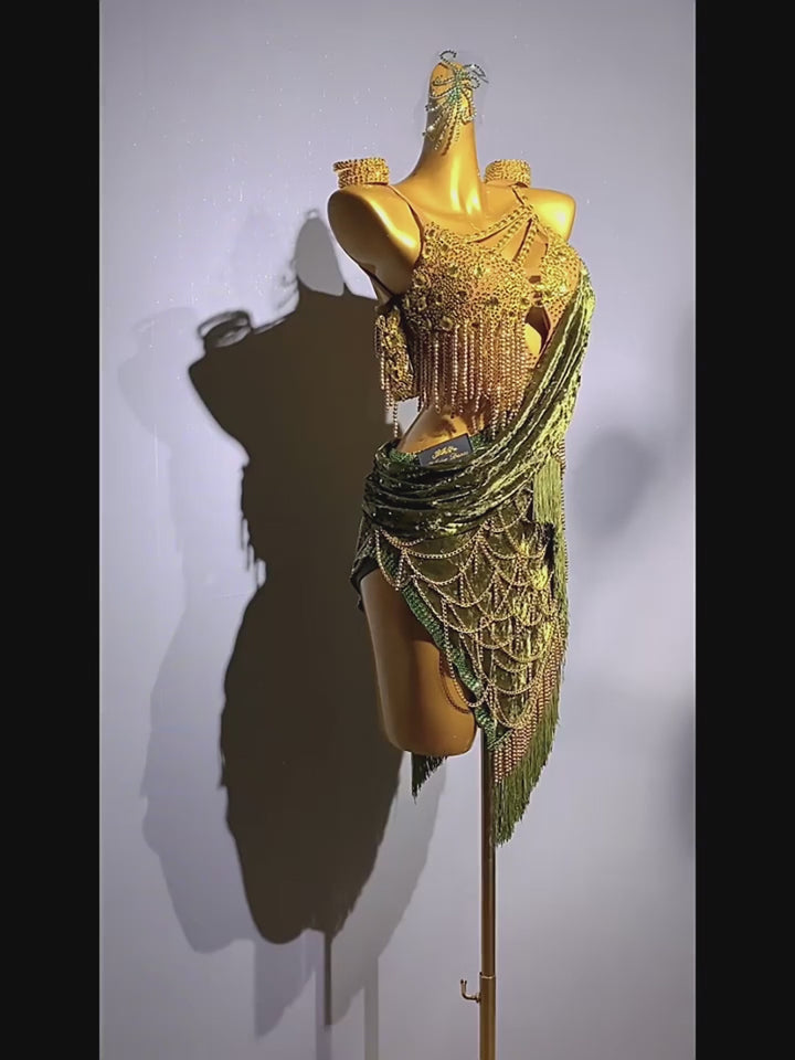 Green Handmade Salsa Dance Costumewith Velvet Drape and Gold Bead Chains – Latin Fringe Dress