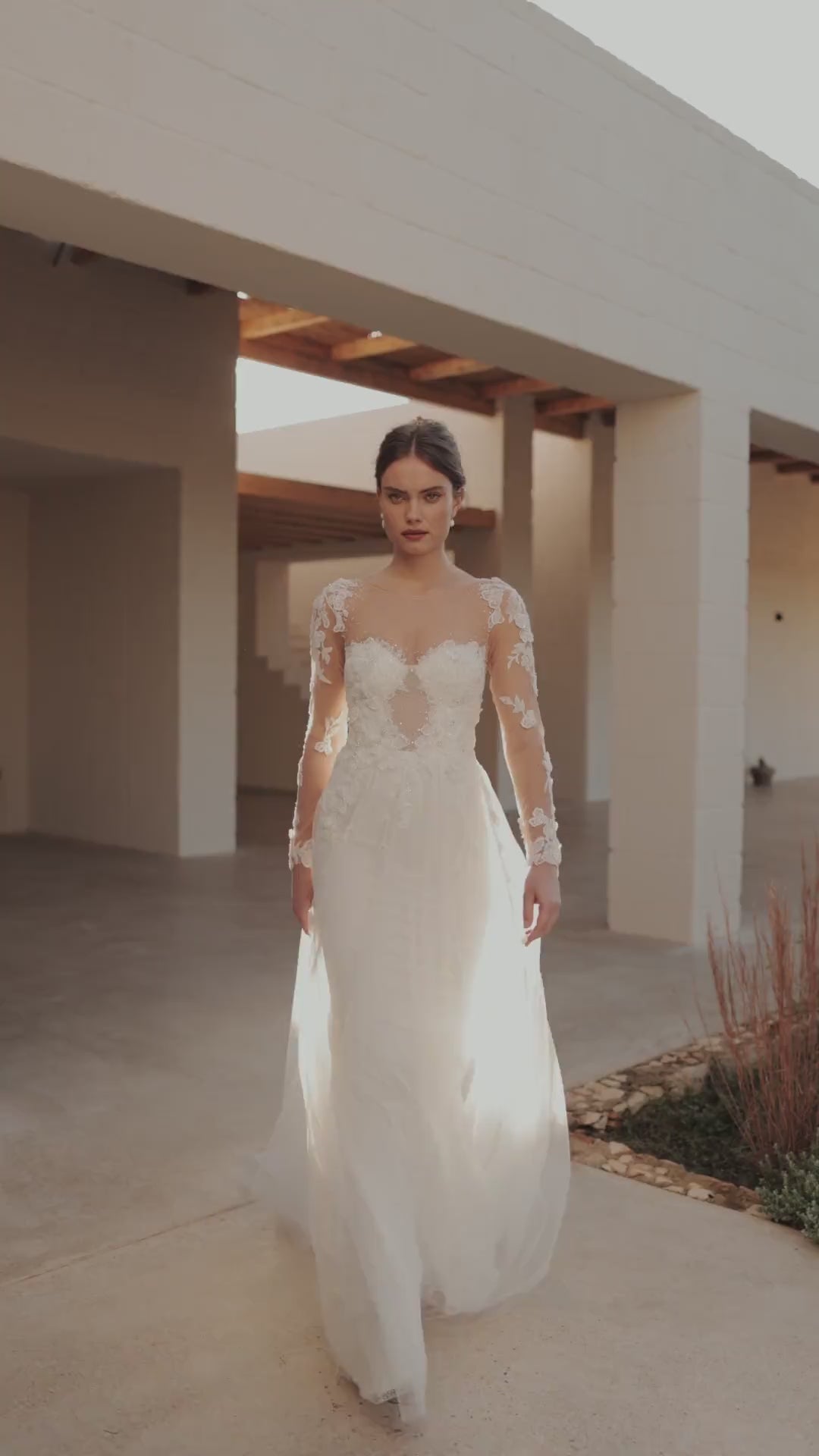 Floral Appliqué Tulle Sleeve Corset Wedding Dress with Cascading Train Plus Size