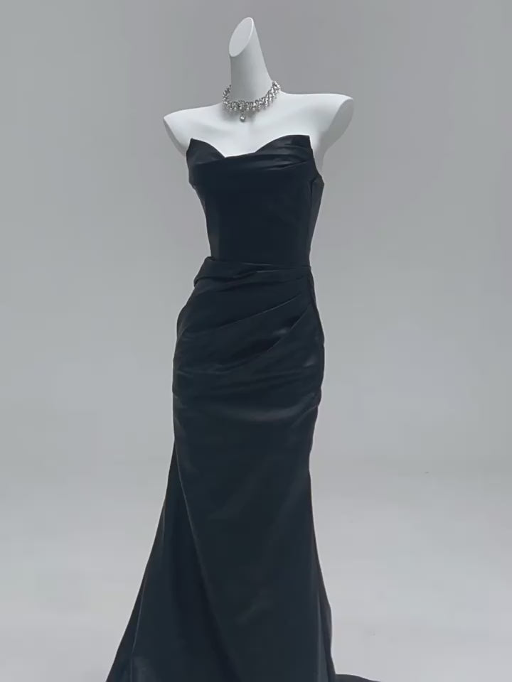 Gothic Black Satin Strapless Mermaid Evening Gown - Plus Size