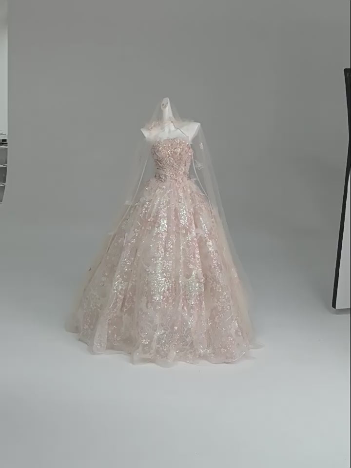 Blush Pink Sequin Ball Gown with Floral Appliqué – Strapless Evening Dress with Tulle and Matching Veil Plus Size