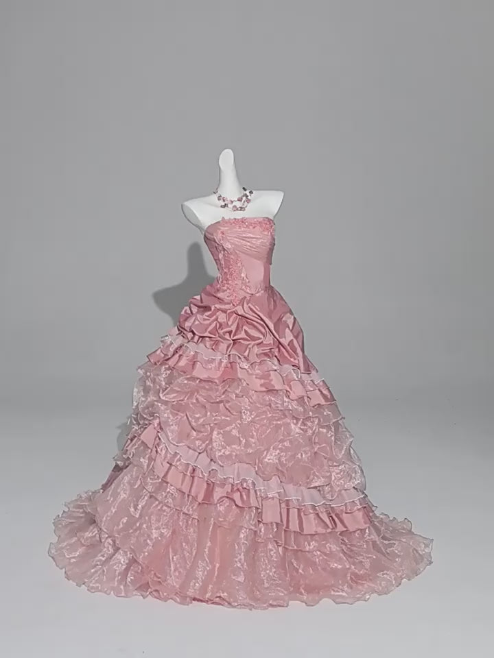 Pink Layered Tulle Ruffle Dress with Embroidery – Strapless Evening Dress with Corset Back Plus Size
