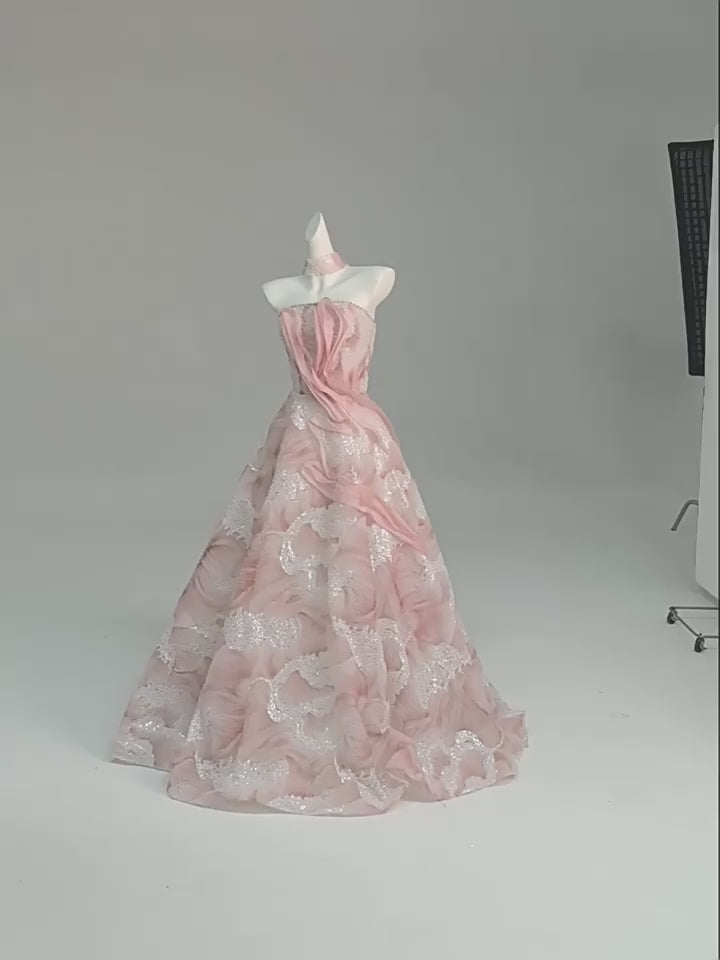 Pink Evening Dress Ball Gown with Glitter Floral Embroidery – Strapless Evening Gown with Sheer Neck Wrap Plus Size