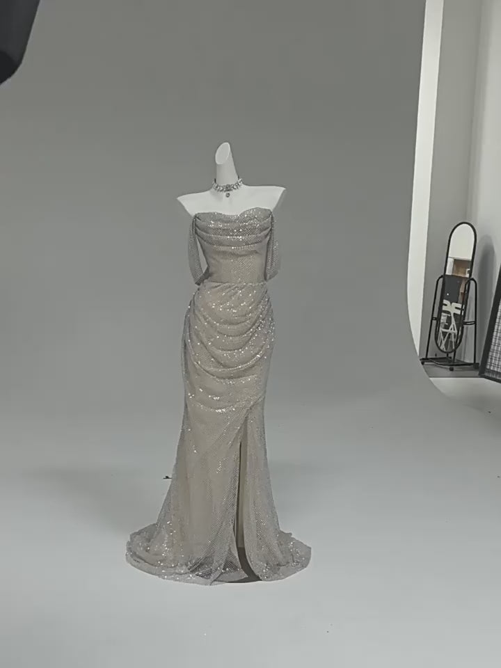 Gold Sequins Evening Gown with Corset Back – Strapless Formal Dress with Draped Sequin Layers Plus Size