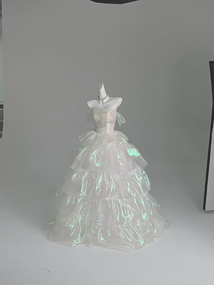Layered Tulle Ruffle Dress with Off Shoulder Sleeves – White Ball Gown with Corset Back Plus Size