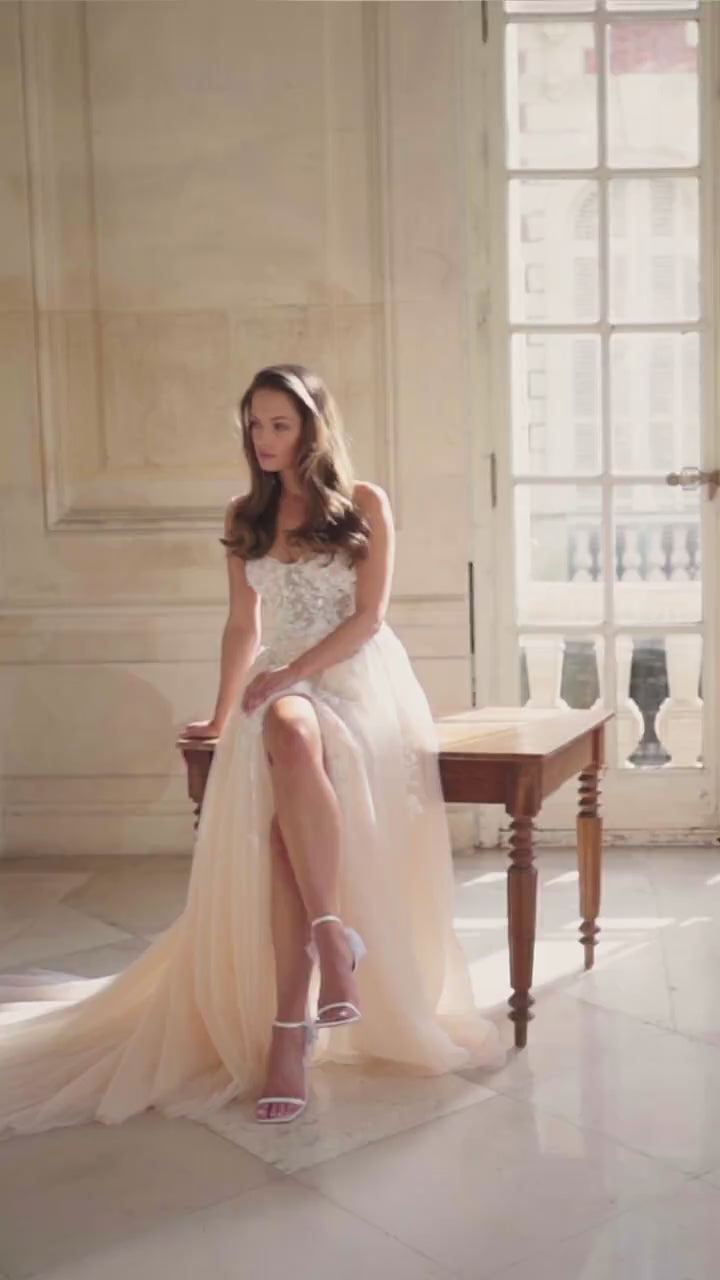 Nude Wedding Dress Luxurious A-line with Voluminous Floral Appliqués and Deep Cut Plus Size