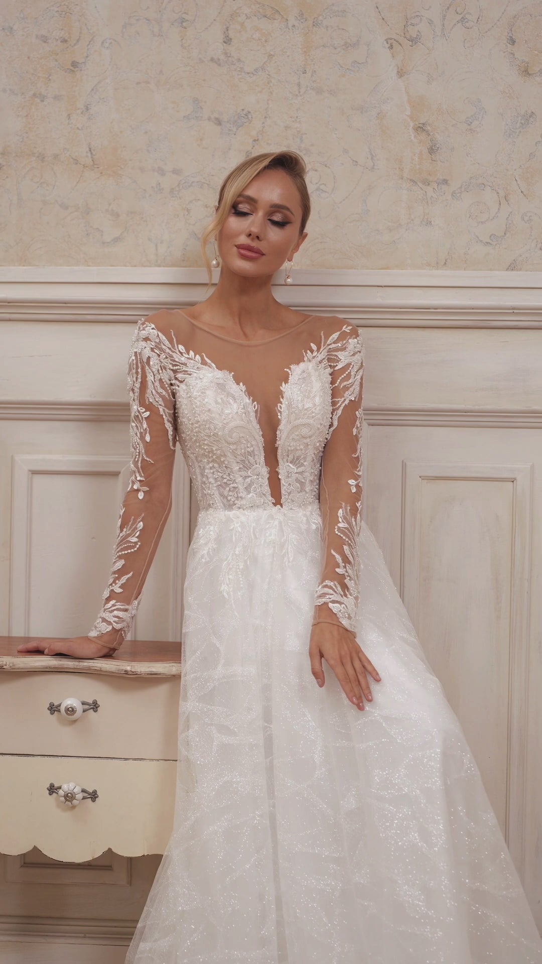 Elegant Sheer-Sleeved Lace A-Line Wedding Dress | V-Neck Bridal Gown with Full Skirt