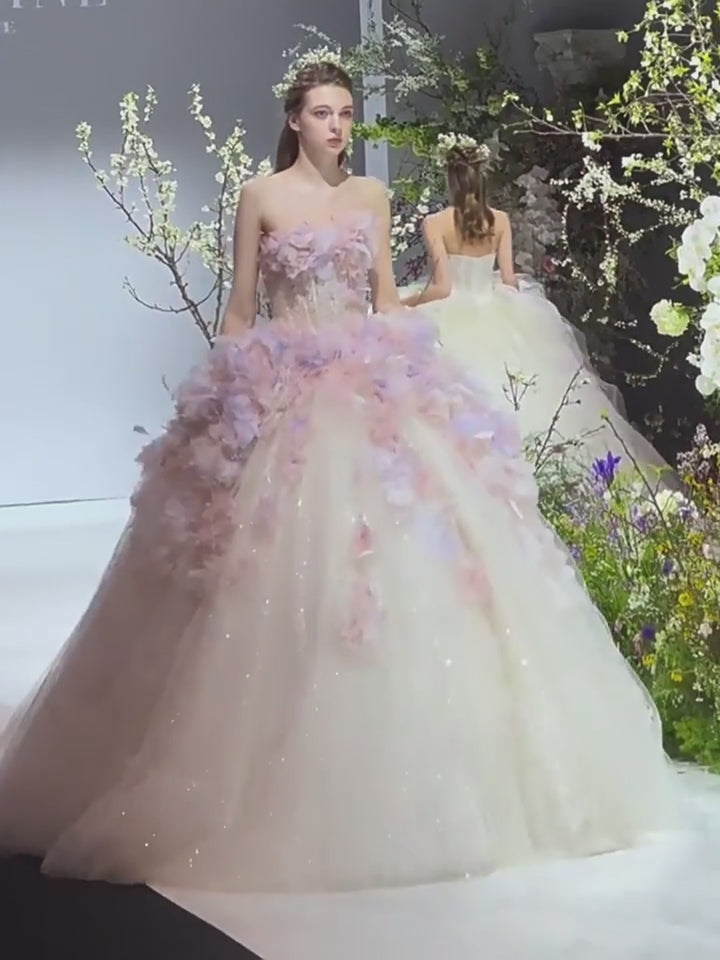Purple Strapless Wedding Dress - Sequin Wedding Dress - 3D Floral Wedding Dress with Glitter Tulle Skirt Plus Size