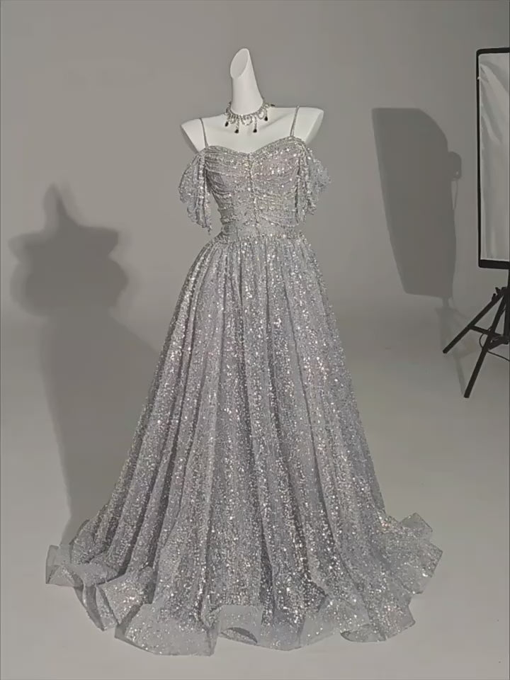 Silver Glitter Off-the-Shoulder Evening Gown - Plus Size