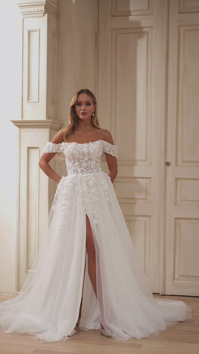 Off-Shoulder Floral Lace Wedding Dress with High Slit and Elegant Train