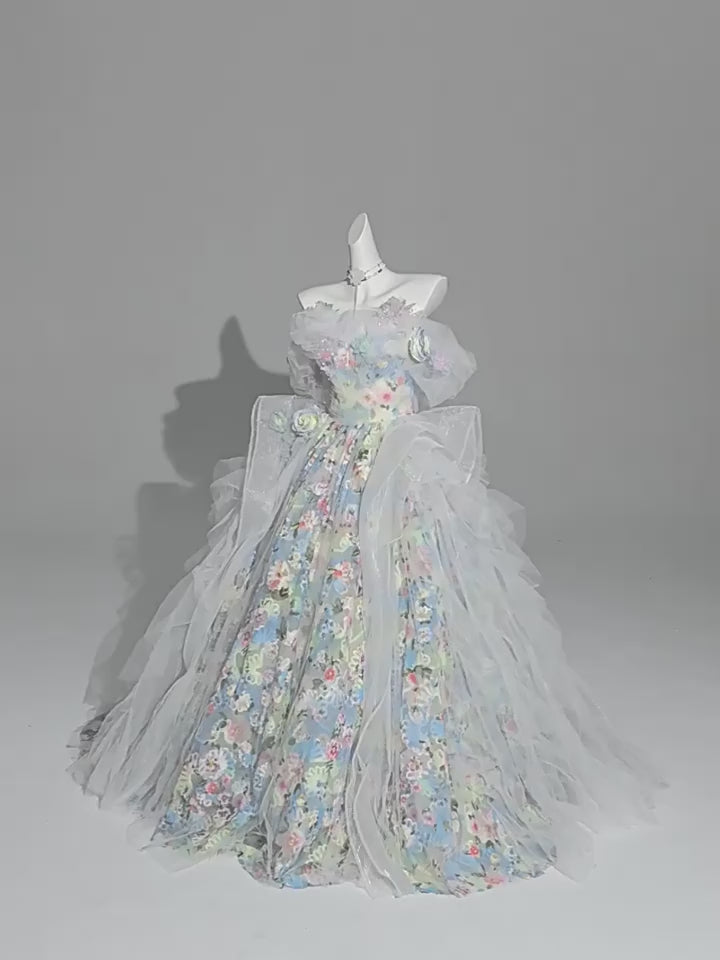 Blue Fairytale Floral Evening Dress with Oversized Bow – Off the Shoulder Evening Dress with Corset Back Plus Size