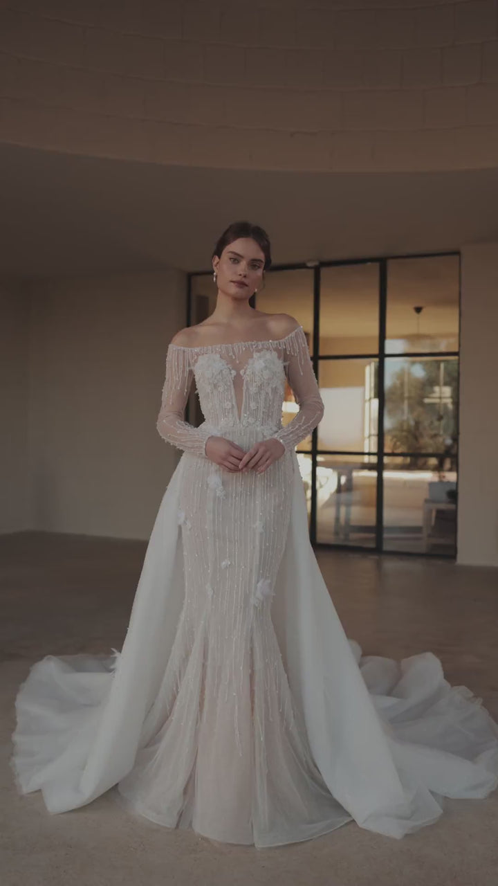 Elegant Off-the-Shoulder Beaded Bridal Gown with Over Skirt and Luxurious Train Plus Size