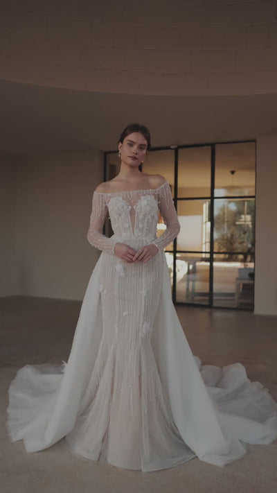 Elegant Off-the-Shoulder Beaded Bridal Gown with Over Skirt and Luxurious Train Plus Size
