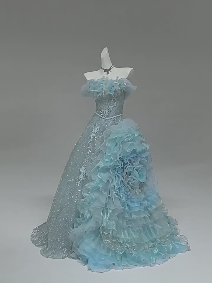Blue Strapless Layered Tulle Ruffle Dress with Floral Appliqué – Sparkly Sequin Evening Dress with Corset Plus Size