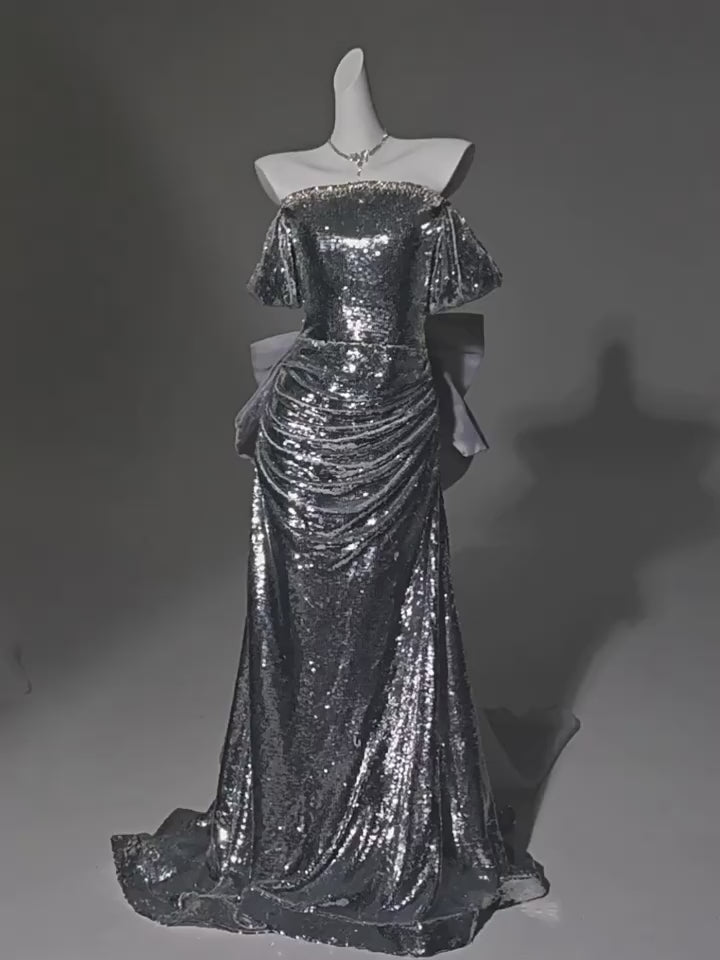 Silver Strapless Glitter Dress and Pretty Sequin Dress - Elegant Corset Back Evening Gown with Bow Plus Size