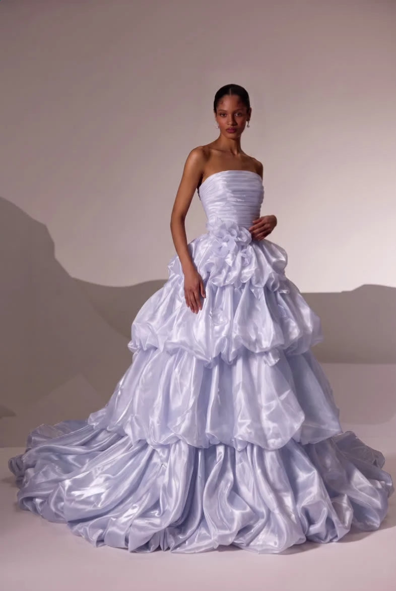 Light Blue Floral Ball Gown Evening Dress with Draped Satin Bodice and Layered Ruffle Skirt Plus Size