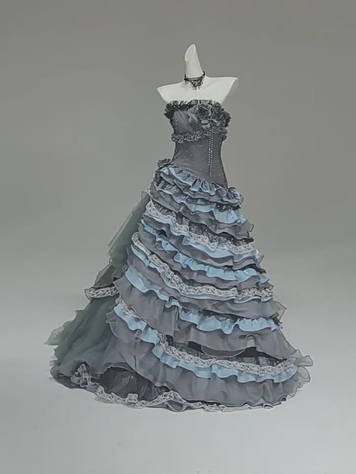 Navy Layered Tulle Ruffle Dress with Corset Bodice – Strapless Evening Dress with Floral Appliqué and Lace Details Plus Size
