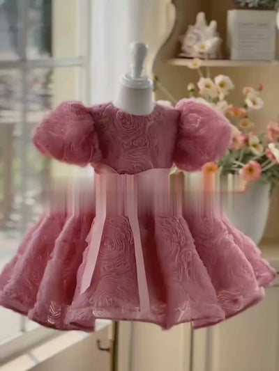 Pink Flower Girl Dress with Textured Ruffles and Satin Bow - Plus Size