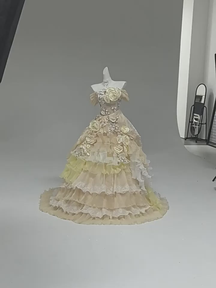 Yellow Fairytale Layered Tulle Ruffle Dress with Floral Appliqué – Off the Shoulder Evening Dress with Corset Back Plus Size