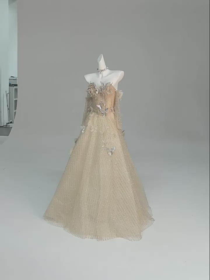 Champagne Gold Off the Shoulder Evening Dress with Butterfly Appliqué – Corset Evening Dress with Sequins Plus Size