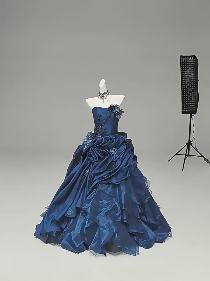 Gothic Navy Blue Floral Evening Dress with Floral Embellishment – Elegant Strapless Evening Dress with Corset Back Plus Size