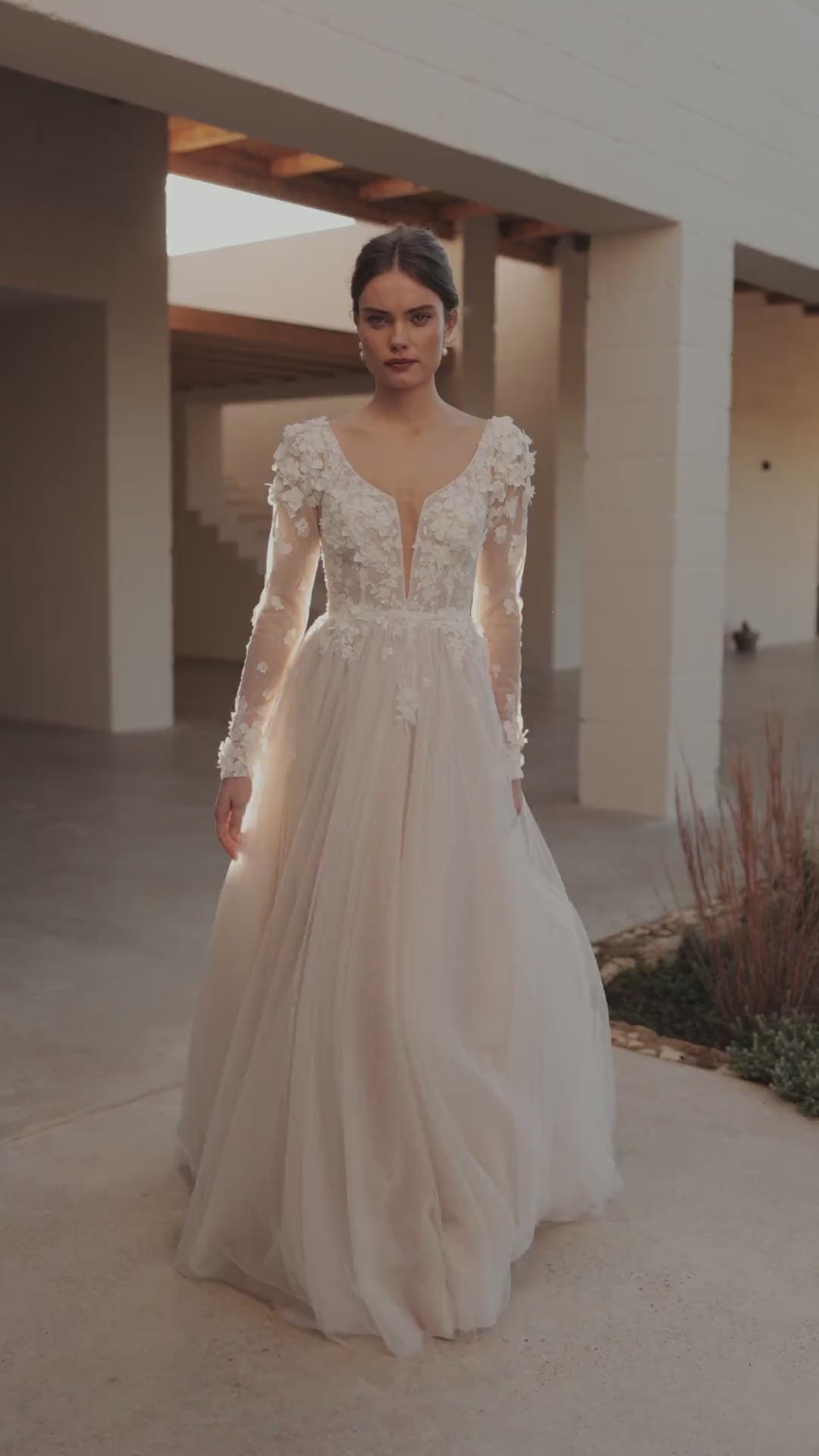 Enchanted Floral Appliqué Wedding Dress with Plunging Neckline and Sheer Sleeves Plus Size