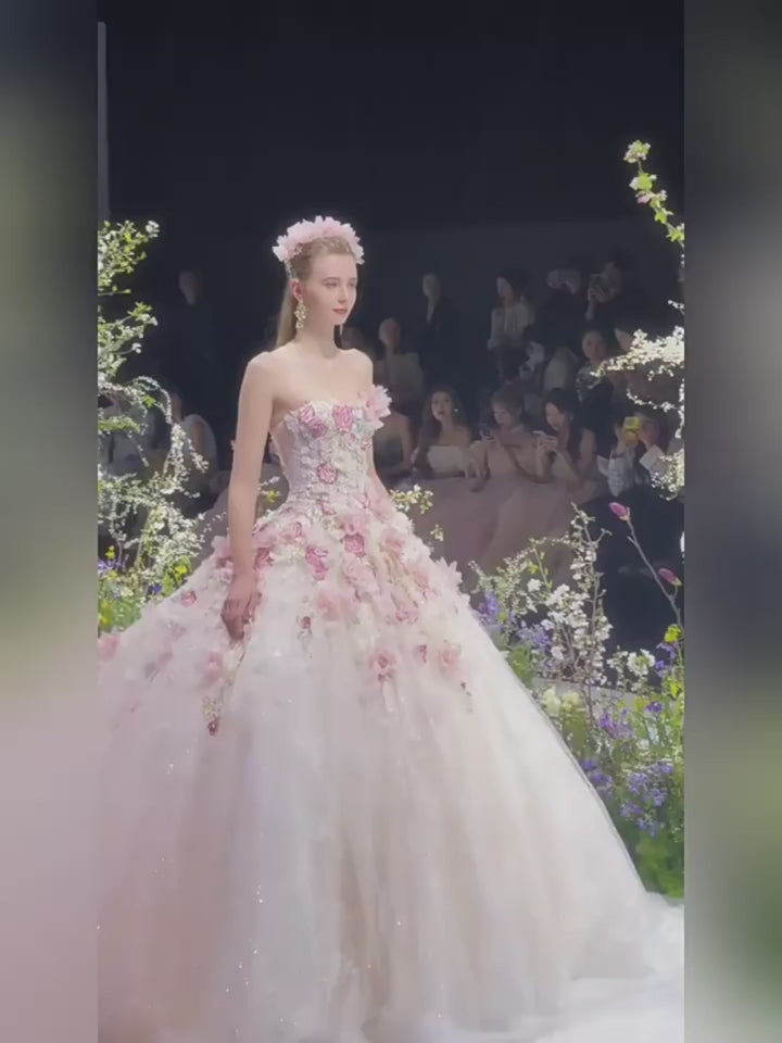 White Floral Wedding Dress with Pink Appliqué – Strapless Wedding Dress with 3D Flowers and Matching Veil Plus Size