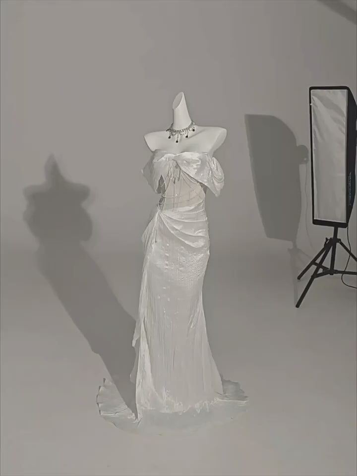 White Off-the-Shoulder Sheer Mermaid Tulle Evening Gown - Plus Size