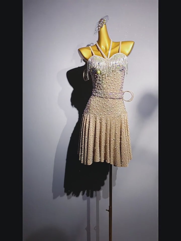 Champagne Sparkly Salsa Dance Dress Champagne with Rhinestone Belt and Pleated Skirt – Latin Dance Costumes