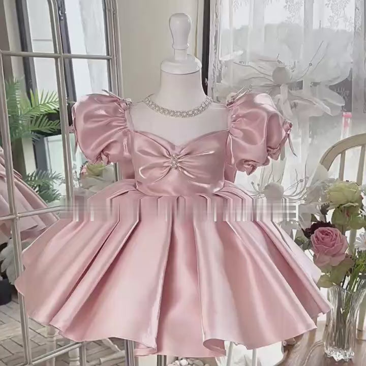 Blush Pink Flower Girl Dress with Pearled Bodice and Silky Satin Finish Plus Size